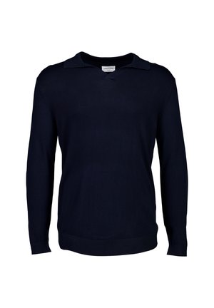 Suéter de punto azul marino con escote en V y cuello, hecho de una tela de punto suave, con mangas largas y un dobladillo y puños acanalados.