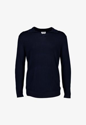 Suéter de punto azul marino con escote en V y cuello, hecho de una tela de punto suave, con mangas largas y un dobladillo y puños acanalados.