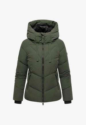 Zeleni zimski kaput s kapuljačom, prednjim zatvaračem, punjenjem i dijagonalnim šavovima. Rukavi su crni, što dodaje kontrast boja.