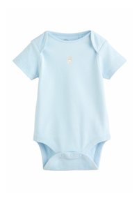 Heled sinise lühikese varrukaga beebi bodi, mille allosas on kolm nööpi ja rinnal väike beež karu graafika.