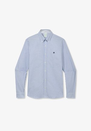 Jasnoniebieska i biała cienka koszula w pionowe paski z długim rękawem, zapinana na guziki, z kołnierzykiem zapinanym na guziki oraz małym czarnym haftowanym logo na piersi.