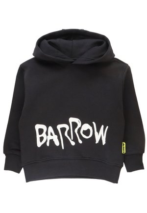 Sweat à capuche noir en tissu doux, avec un texte graphique blanc "BARROW" à l'avant et une étiquette de marque jaune sur l'ourlet.