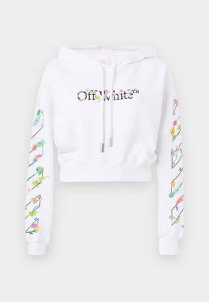 Sudadera blanca recortada con gráficos florales. Logotipo "Off-White" en negro, cordones con herrajes plateados y diseños estampados en las mangas.