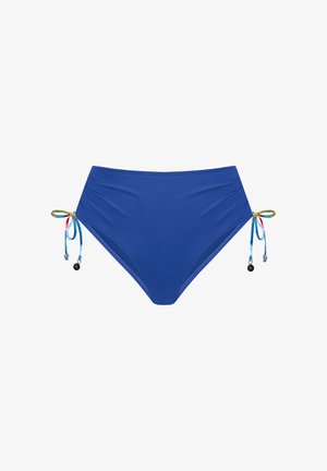 Niebieskie bikini z wysokim stanem z prążkowanej tkaniny z regulowanymi, kolorowymi tęczowymi troczkami bocznymi zakończonymi małymi metalowymi koralikami.