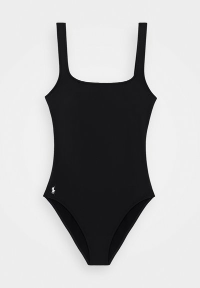 Μαύρο ολόσωμο μαγιό με τετράγωνη λαιμόκοψη και λεπτές τιράντες. Διαθέτει απαλή υφή και μια μικρή λογότυπη λεπτομέρεια στον γοφό.