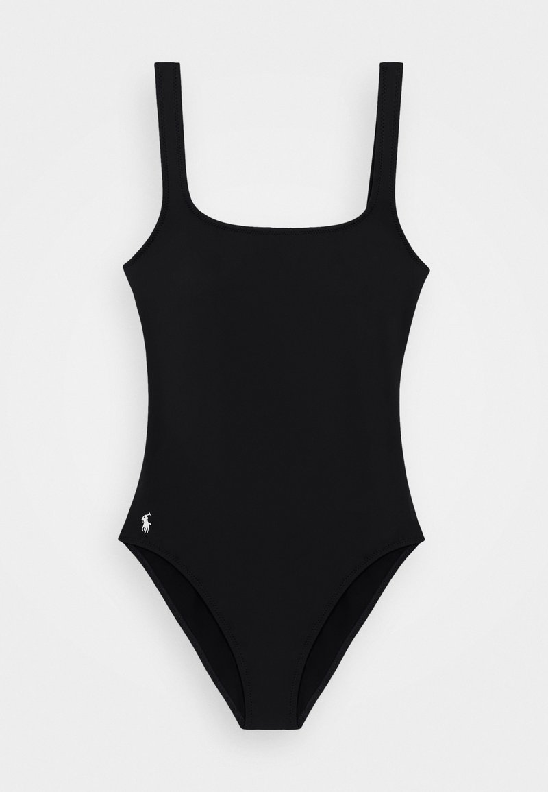 Schwarzer Einteiler-Badeanzug mit quadratischem Ausschnitt und dünnen Trägern. Verfügt über eine glatte Textur und ein kleines Logo-Detail an der Hüfte.