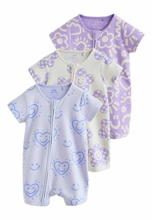 Tri krátke rukávové rebrované dojčenské overal s prednými zipsami, s veselými kvetmi a srdiečkami v fialovej, krémovej a svetlomodrej farbe.