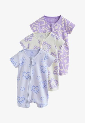 Tre baby-dragter med korte ærmer og ribstruktur med lynlås foran, med smilende blomster og hjerter i lilla, creme og lyseblå farver.