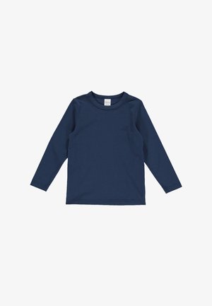 Navy blue long-sleeve shirt made of soft cotton, featuring a classic crew neck design and subtle stitching details on the cuffs and hem.