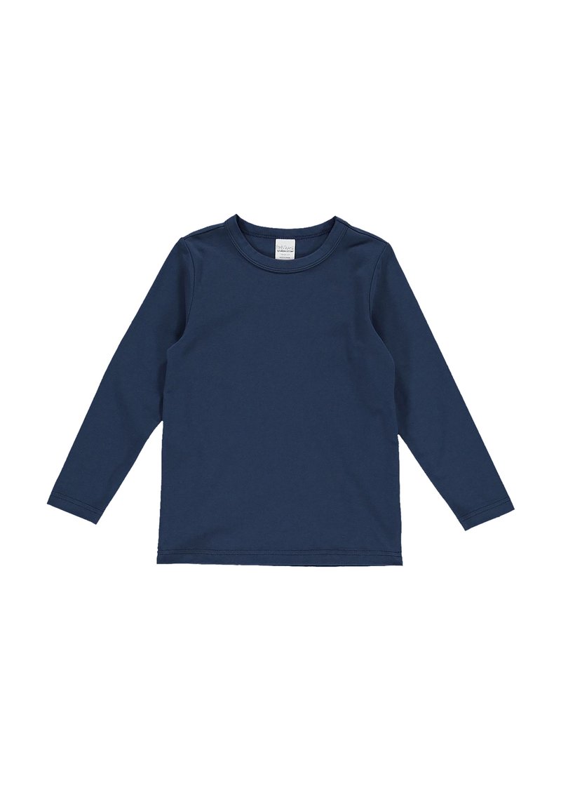 Navyblaues Langarmshirt aus weicher Baumwolle, mit klassischem Rundhalsausschnitt und dezenten Steppdetails an den Bündchen und dem Saum.