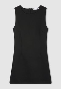 Czarna sukienka bez rękawów z okrągłym dekoltem, dopasowanym krojem, dwiema bocznymi kieszeniami i ukrytym zapięciem na plecach. Gładka tekstura materiału.