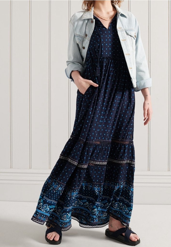 knee length dresses for ladies Superdry Long Sleeve Tiered Midi Dress Blue Alma Floral Mix