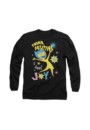Schwarzes Langarmshirt mit verspielten Grafiken einer gelben Figur mit blauen Haaren, buntem Text und Sternen, auf denen "Denke positiv" und "Ich fühle Freude" steht.