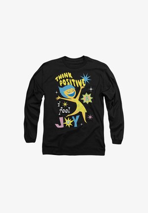 Schwarzes Langarmshirt mit verspielten Grafiken einer gelben Figur mit blauen Haaren, buntem Text und Sternen, auf denen "Denke positiv" und "Ich fühle Freude" steht.