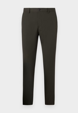 Pantalons habillés slim-fit en olive foncé avec passants de ceinture, fermeture à bouton à l'avant et poches latérales, présentés sur un fond blanc.