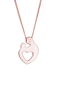 Rose gold halskæde med en hjerteformet vedhæng med udskæringsdesign af en mor og barn. Fremstillet af 925 sterling sølv. Tekstureret kæde.