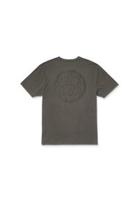T-shirt in cotone grigio con un logo circolare e un design a mano sul retro, maniche corte e colletto classico a girocollo.