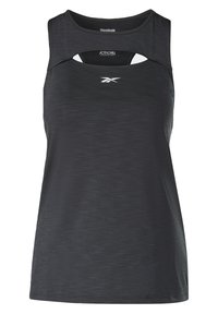 Černý tank top Reebok s texturovanou látkou, bez rukávů a výřezy na přední straně pro lepší prodyšnost.