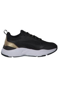 Black athletic shoe with a textured upper, gold accent on the heel, white midsole, and black outsole; designed for comfort and support.