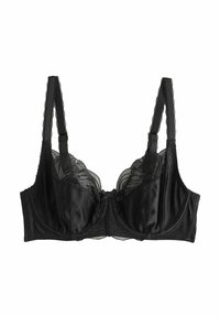 Black satin and lace underwire bra with adjustable straps and scalloped lace trim along the cup edges.