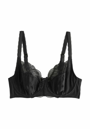 Black satin and lace underwire bra with adjustable straps and scalloped lace trim along the cup edges.