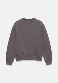 Sweat-shirt uni gris foncé à col rond, manches longues et poignets, ourlet et col côtelés sur fond blanc.