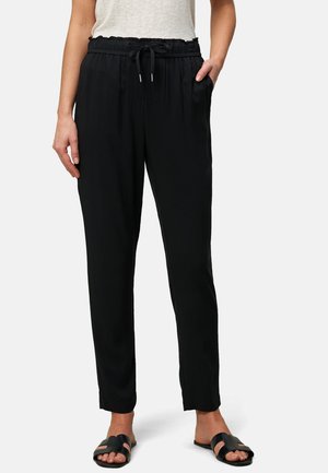 Black, lightweight jogger pants with an elastic waistband, adjustable drawstring, side pockets, and a tapered leg design.