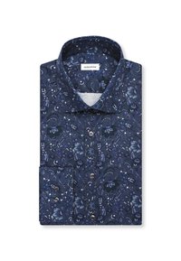 Chemise à manches longues pliée avec un motif floral bleu foncé et des poignets boutonnés, avec un col classique et des boutons à l'avant.