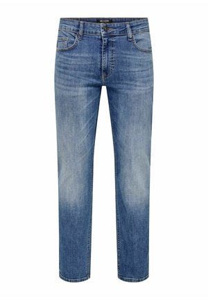 Jeans da uomo in denim blu con leggero scolorimento sulle cosce, stile classico a cinque tasche, chiusura con bottoni e taglio dritto.