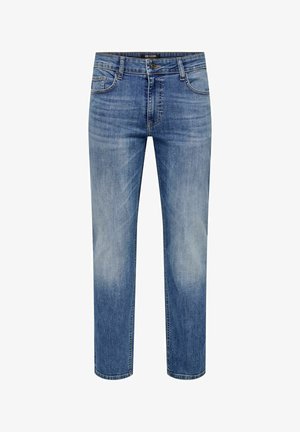 Jeans da uomo in denim blu con leggero scolorimento sulle cosce, stile classico a cinque tasche, chiusura con bottoni e taglio dritto.