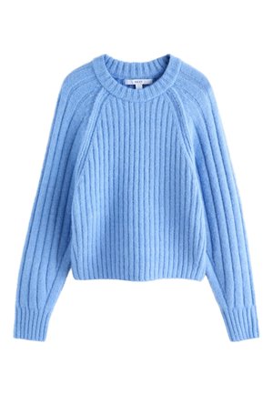 Maglione a costine azzurro chiaro con maniche raglan lunghe e scollo rotondo, mostrato disteso su uno sfondo bianco.