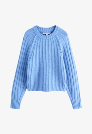 Helehall sinine soonikkoes kampsun pika raglaanvarrukaga ja ümara kaelusega, laotatud valgel taustal.