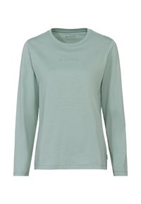 Hellgrünes Langarmshirt aus weichem Material, mit einem runden Halsauschnitt und einem dezenten Logo auf der Vorderseite. Schlichtes, lässiges Design.