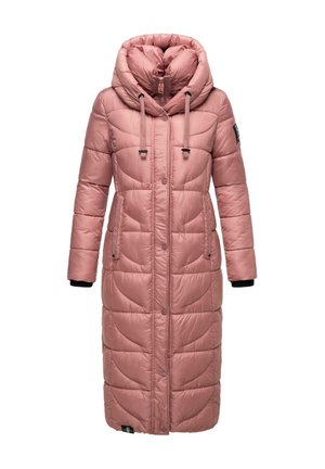 Langer pinkfarbener Puffercoat mit Kapuze, ausgestattet mit strukturiertem Steppdesign, Reißverschlusstaschen, verstellbaren Zugbändern und Rippbündchen.