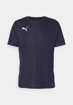 Puma Sport-T-Shirt in Dunkelblau mit hellblauen Akzentpanelen. Verfügt über kurze Ärmel, einen Rundhalsausschnitt und ein weißes Logo auf der Brust.