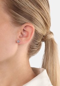 Runda ädelsten-studörhängen i silverfärgad metall. Örhängena har en klar, fasetterad sten som fångar ljuset, placerad mot en neutral bakgrund.