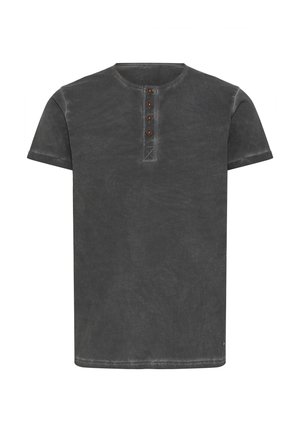 Short-sleeve, gray cotton t-shirt featuring a round neckline and four-button placket with brown buttons and a textured finish.
