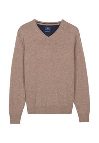 Hellbrauner Strickpullover mit V-Ausschnitt, gerippten Bündchen und Saum. Verfügt über ein blaues Etikett im Nackenbereich. Weiche Textur, klassischer Schnitt.