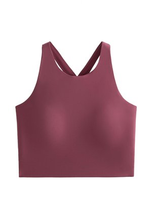 Reggiseno sportivo color granata in tessuto liscio ed elastico. Presenta un design senza maniche e spalline incrociate sul retro per un supporto extra.