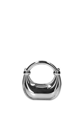 Small shiny metallic handbag with a rounded handle and a smooth, curved body placed on a white background.