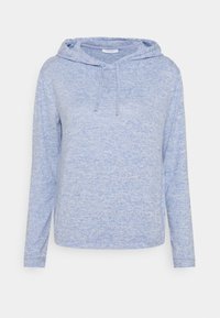 Sweat à capuche bleu clair en tissu texturé. Comprend des manches longues, une poche kangourou et des cordons au niveau de la capuche. Coupe décontractée.