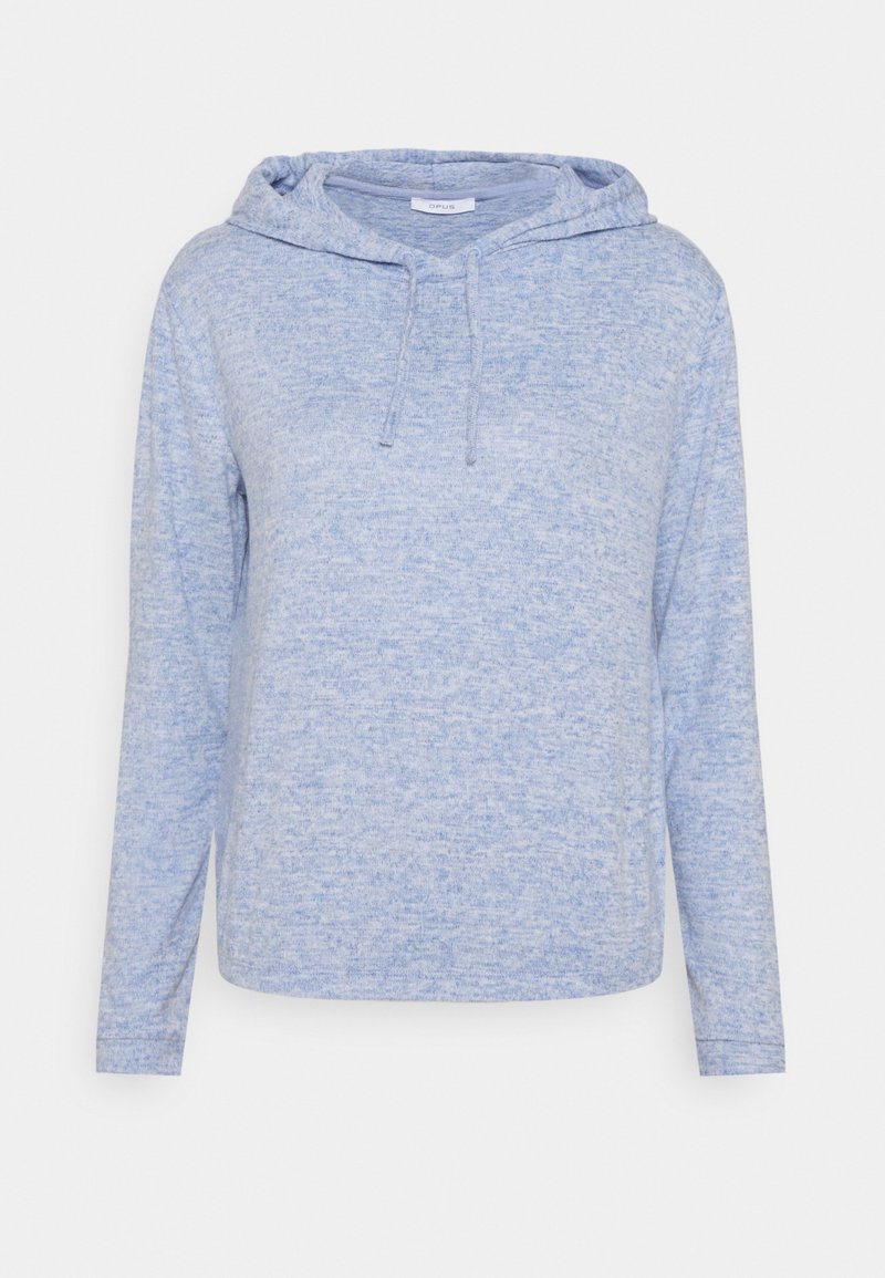 Sweat à capuche bleu clair en tissu texturé. Comprend des manches longues, une poche kangourou et des cordons au niveau de la capuche. Coupe décontractée.