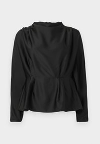 Černá blůza s dlouhým rukávem a peplum pasem. Hladká, saténová látka s vysokým výstřihem a skrytým zipem na zadní straně.