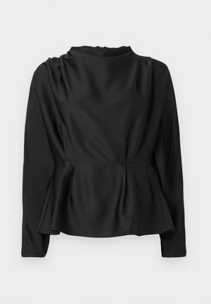 Blusa nera a maniche lunghe con vita a peplo. Tessuto liscio, simile alla seta, con collo alto e zip nascosta sulla schiena.