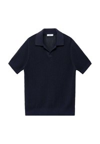 Polo shirt a maglia blu navy con un motivo testurizzato, maniche corte e colletto classico. Presenta un design a tinta unita e una forma slanciata.