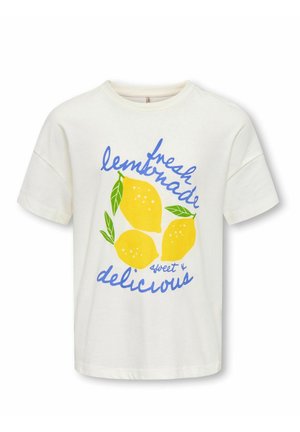 T-shirt blanc à manches courtes avec trois citrons jaunes et des feuilles vertes, avec un texte bleu indiquant "citronnade fraîche douce délicieuse."