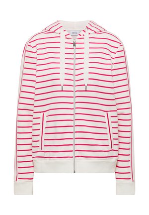 Sweat à capuche blanc avec fermeture éclair, rayures horizontales roses, poches avant et cordons blancs sur la capuche.