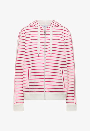 Sweat à capuche blanc avec fermeture éclair, rayures horizontales roses, poches avant et cordons blancs sur la capuche.