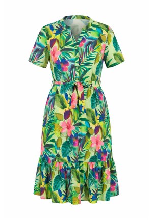 Vestido corto de verano con botones en la parte delantera, manga corta, estampado de hojas tropicales verdes y flores rosas, cinturón para atar en la cintura y dobladillo con volantes.
