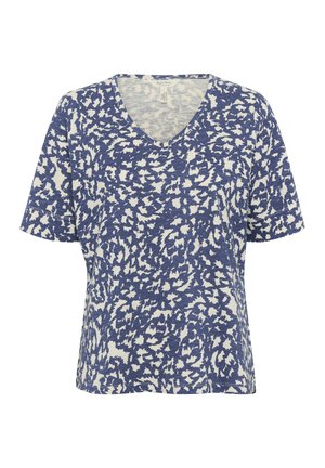 Sinise ja valge V-kaelusega T-särk, millel on tekstuuriga abstraktne muster. Lühikesed varrukad ja lõdva vormiga, valmistatud pehmest puuvillast.